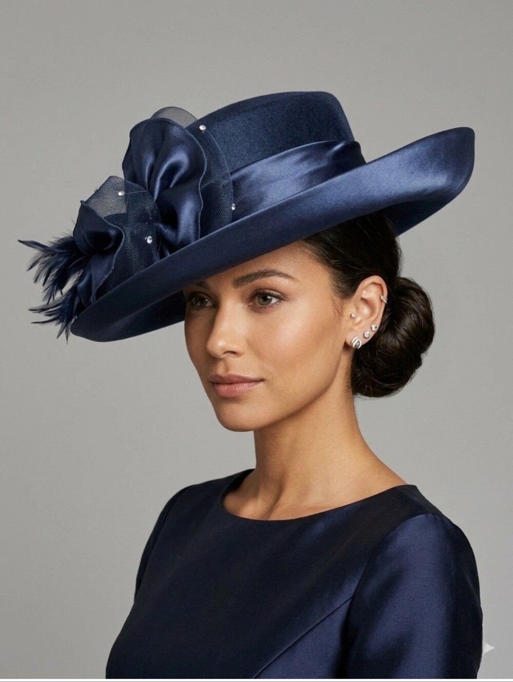 Navy Blue Velvet Satin Dress Hat August Hat Derby Wedding Feather Bow Wide Brim